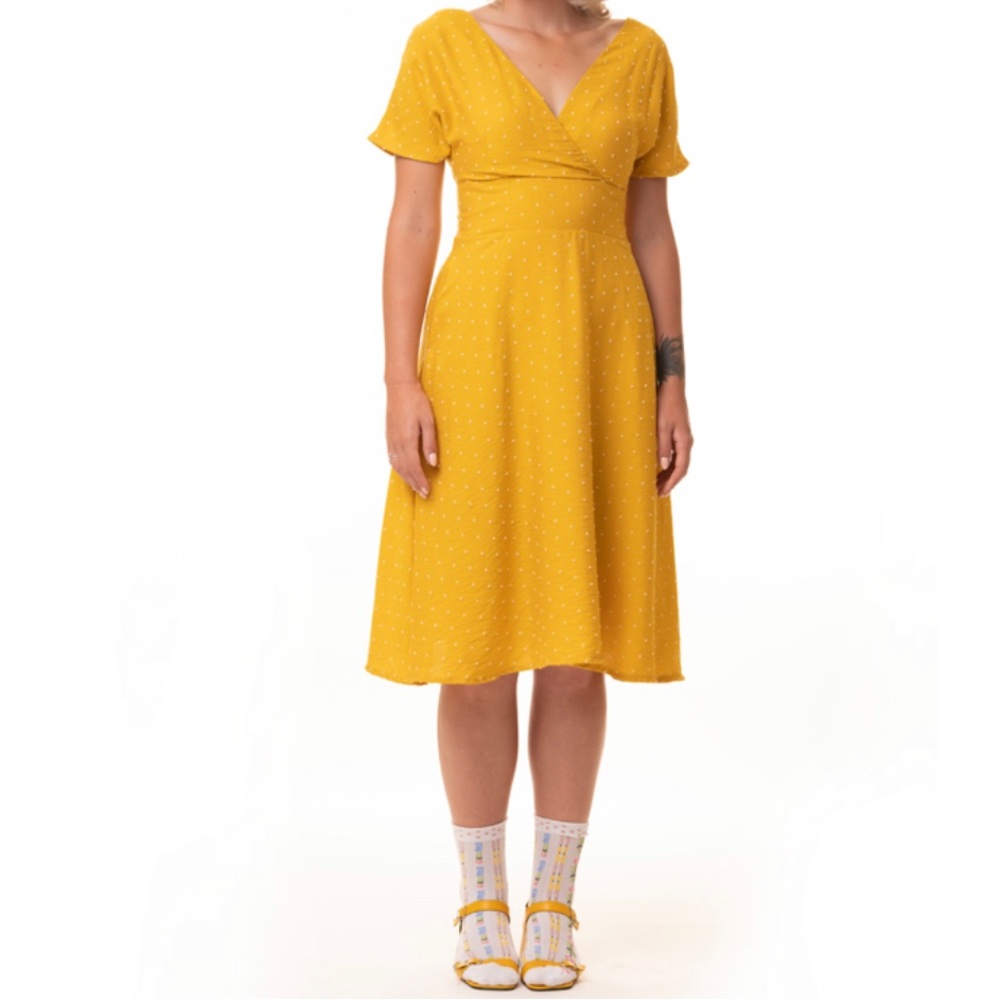 Naama Bezalel summer floral midi dress short sleeve yellow/mustard, white dots